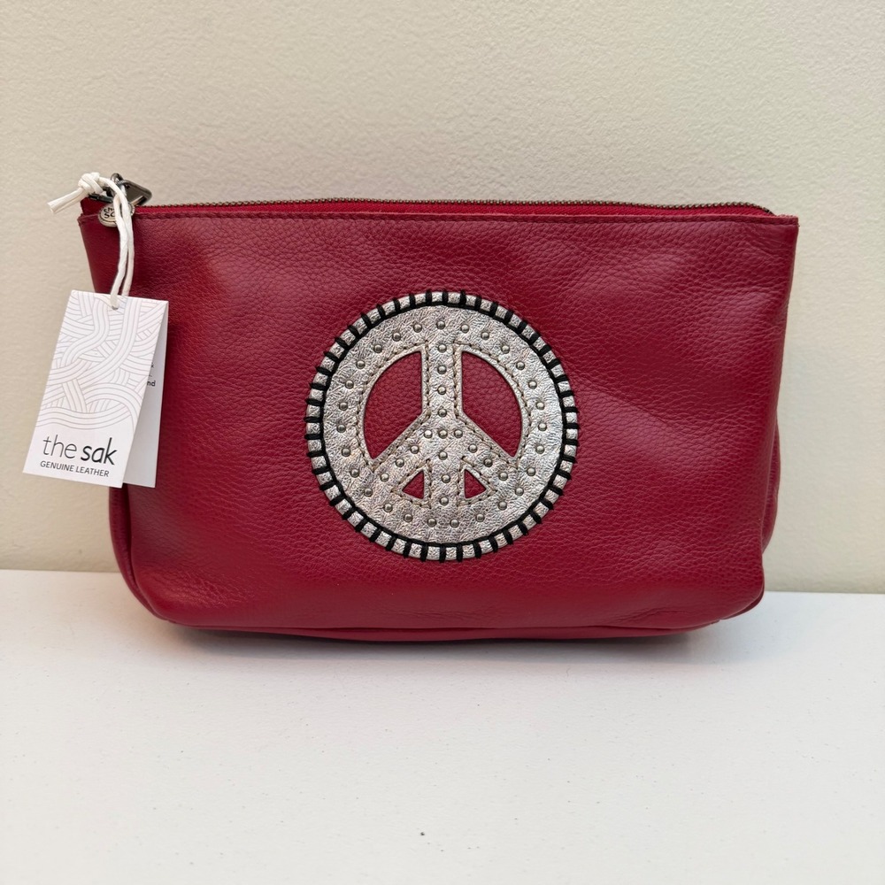 NEW The Sak Crimson Red Leather Peace Sign Essential Cosmetic Bag Pouch Zipper